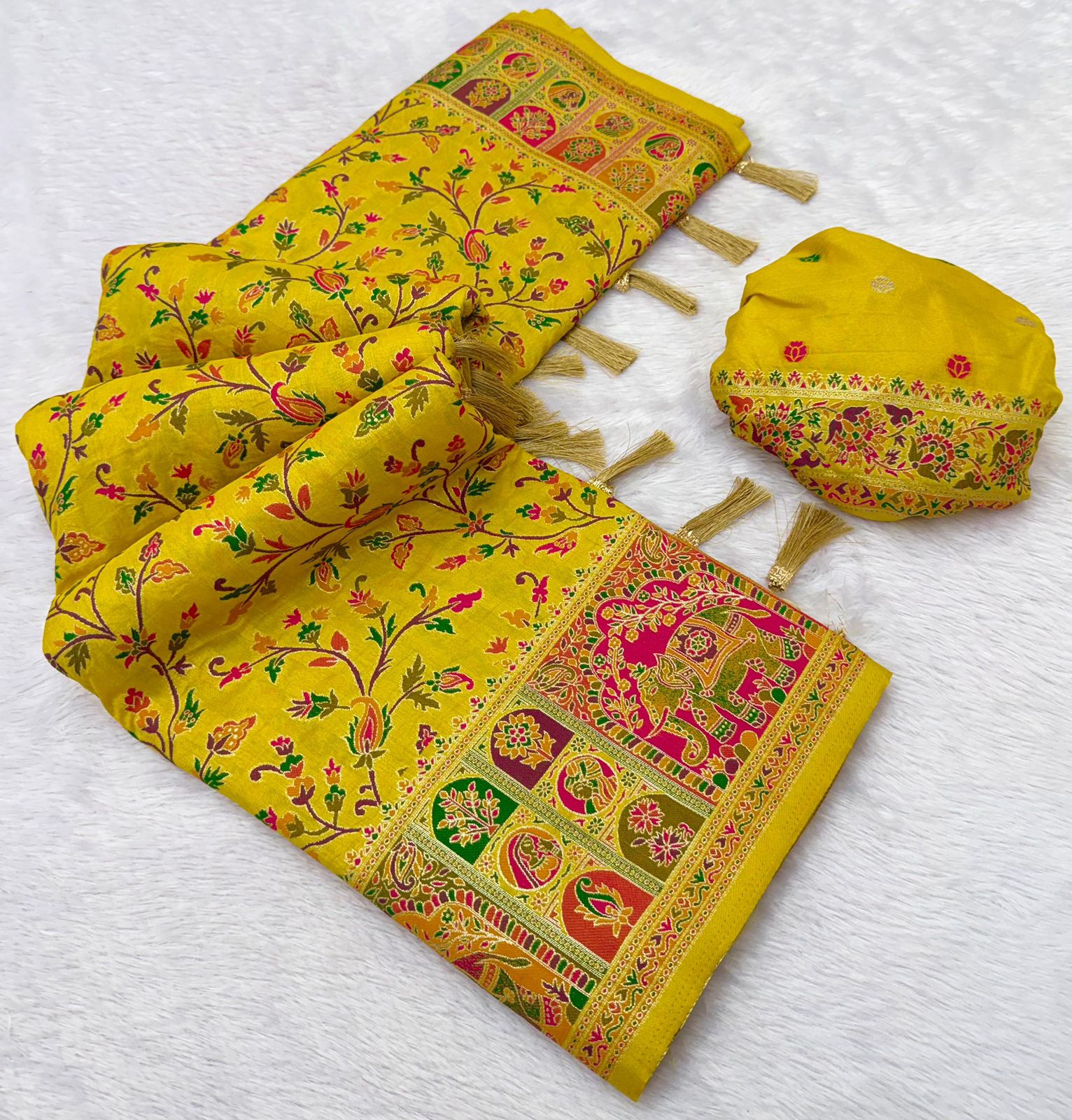 Rajwadi Pashmina Silk Saree with Kashmiri Weaving & Zari Border